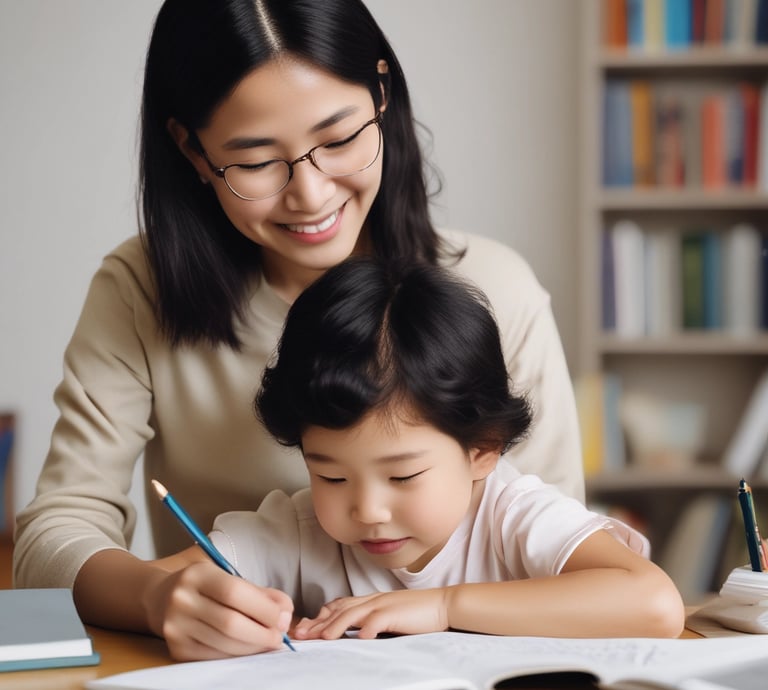 A warm portrait of a smiling mother gently guiding her child with a timer on a cozy beige background.