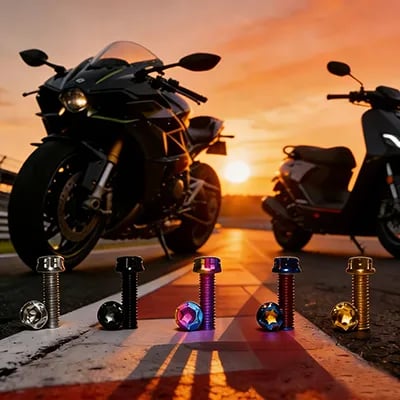 Lightweight Grade 5 titanium bolts for motorcycle racing and custom builds, available in various ano