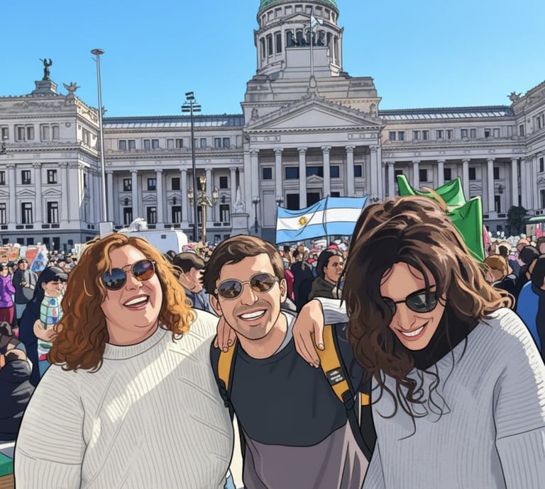 Equipo consultora sonriendo al aire libre frente al Congreso, en un evento multitudinario.