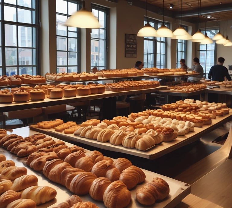 A bright, modern bakery with an assortment of pastries displayed on a wooden counter. Numerous small cream-filled pastries with decorative toppings rest on a metal tray in the foreground. Behind them are various bread and pastry items, including rolls and croissants. In the background, people are seated at tables near large windows, creating an inviting, social atmosphere. Overhead lights add to the cozy ambiance.