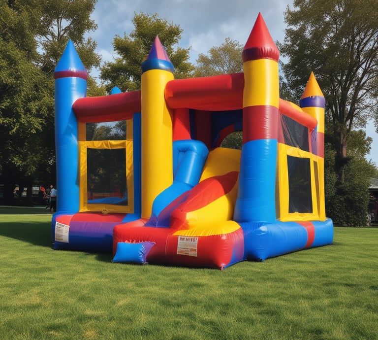 An inflatable slide resembling an underwater theme park sits under a bright blue sky. A plane performing an aerial maneuver leaves a white smoke trail curving across the sky.