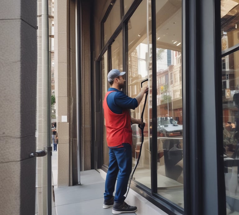 Two window cleaners are suspended by ropes, working on cleaning the glass windows of a tall building. Each cleaner is equipped with tools and a bucket, skillfully moving along the facade with safety harnesses. The building features reflective blue-tinted glass panels, creating a striking geometric pattern.
