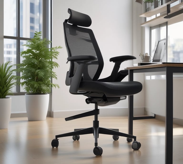 A modern office setup with a sleek ergonomic chair in the foreground. The chair features a complex support structure and black cushioning. Behind it, there is a computer desk with a large monitor displaying a bright screen and a microphone on an adjustable arm. A keyboard and phone can also be seen on the desk. Some greenery is present in the background, adding a natural element to the workspace.