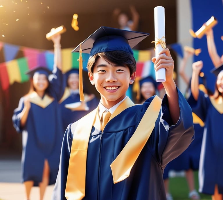 a young boy is holding a diploma after consuming BrainyGrow that helps the studies
