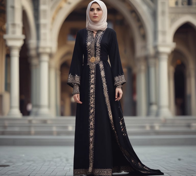 A person wearing a black hijab, long black coat, and sunglasses stands confidently on marble steps. The outfit is accessorized with a black handbag and black boots, creating a bold and stylish appearance. The background is composed of light-colored marble walls, adding contrast to the dark attire.