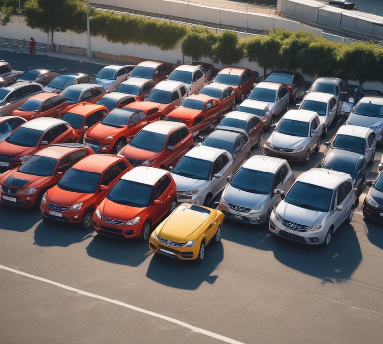 A car rental facility with noticeable signage in red and white is in view. The entrance shows a red vending machine and two trash bins nearby. The surroundings include buildings with visible architectural elements, and the area has some stairs leading up to the rental space.