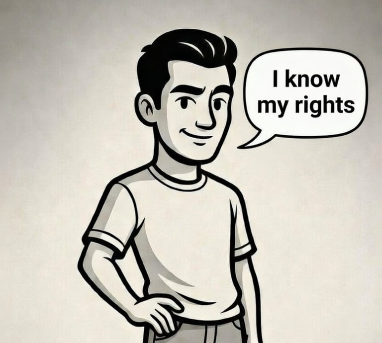 cartoon male sex worker saying 'I know my rights'