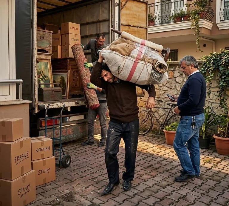 Eşya yüklü bir kamyonun önünde, omzunda ağır bir paket taşıyan nakliye çalışanı.