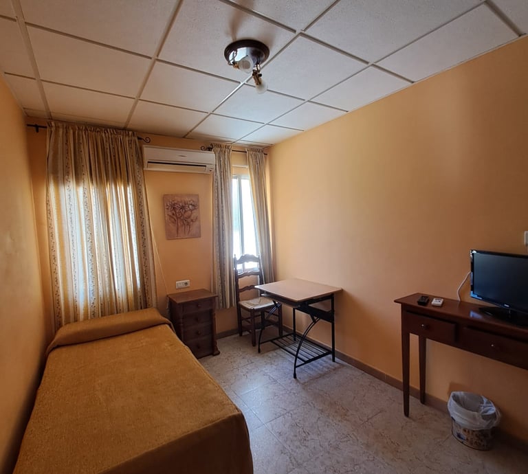 Alt: Habitación individual completamente equipada, climatizada, con nevera y baño privado.
