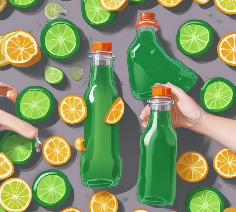 A coconut with a straw inserted sits on a wooden surface. The coconut is branded with the words 'Empire Fit Club Bali'. In the background, there is a lush green field and an overcast sky with orange-yellow tinges from a setting or rising sun.