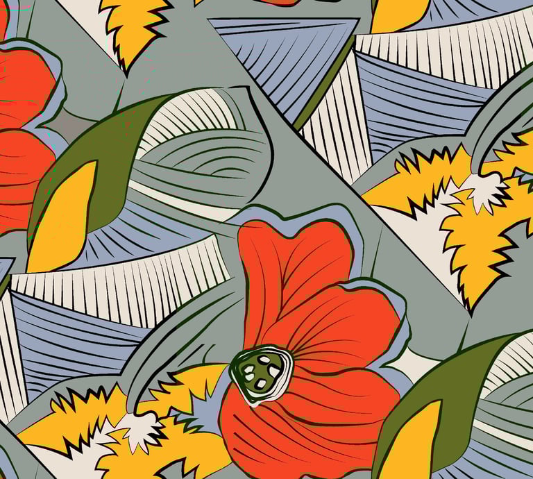 “Botanical fusion print blending organic lines and vibrant flowers — a harmony of nature and geo"