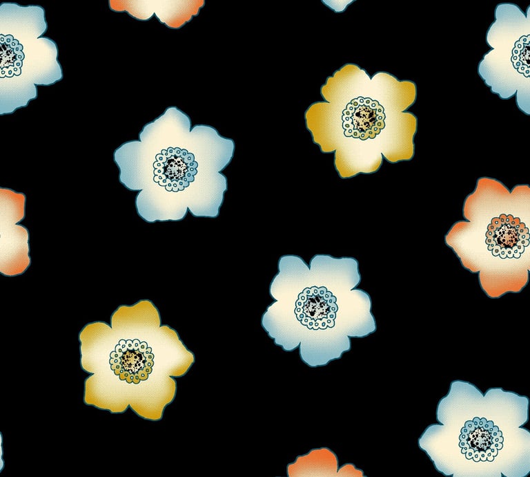 “Minimalist black floral print with hand-drawn details — representing timeless textile artistry.”