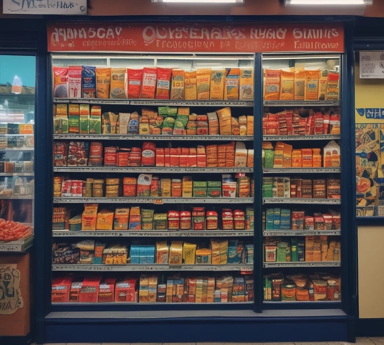A small market stall displays a variety of items, including bunches of bananas hanging from strings. There are colorful packages featuring images of people stacked on the shelf, alongside boxes of bottled drinks and fresh tomatoes. The scene includes other household or small retail items.