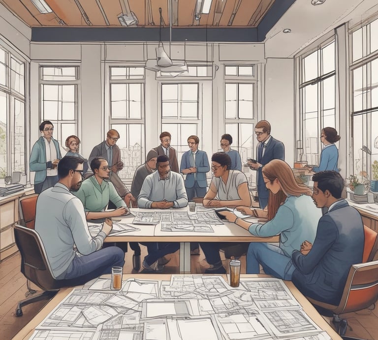 A diverse team collaborating over a world map with product samples and laptops.