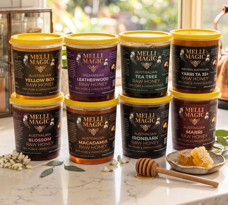 Variety of Melli Magic Australian raw honey jars including Leatherwood and Macadamia on a kitchen counter.