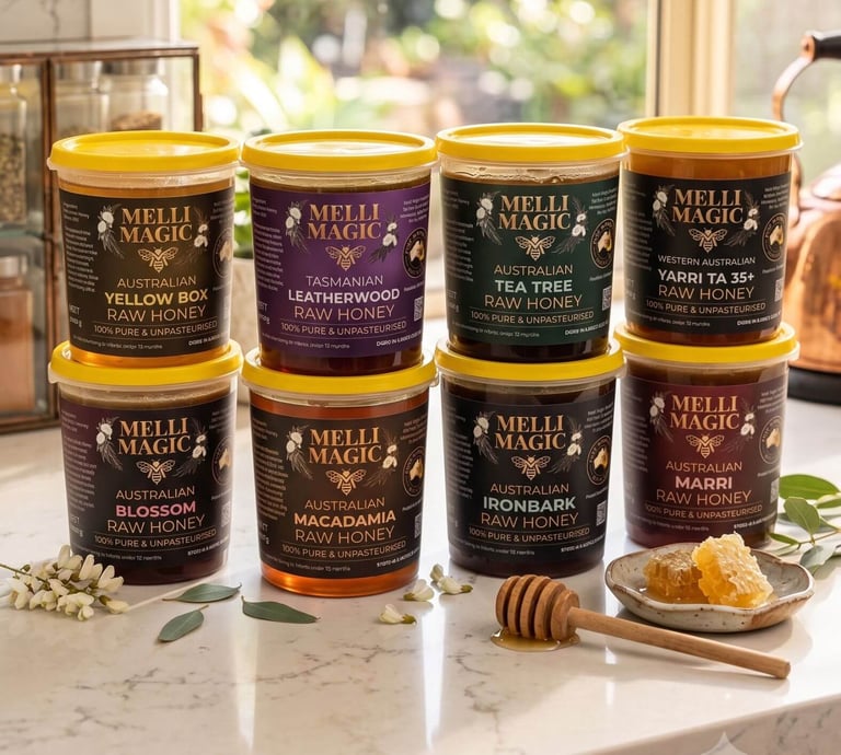 Selection of Melli Magic Australian raw honey jars including Yellow Box, Tea Tree, and Macadamia varieties.