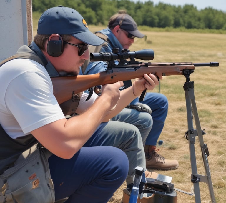 A person wearing tactical gear and dark clothing holds a rifle in a ready position. The individual appears focused, with hair pulled back and wearing protective eyewear. The background is dark, adding to the intensity of the image.