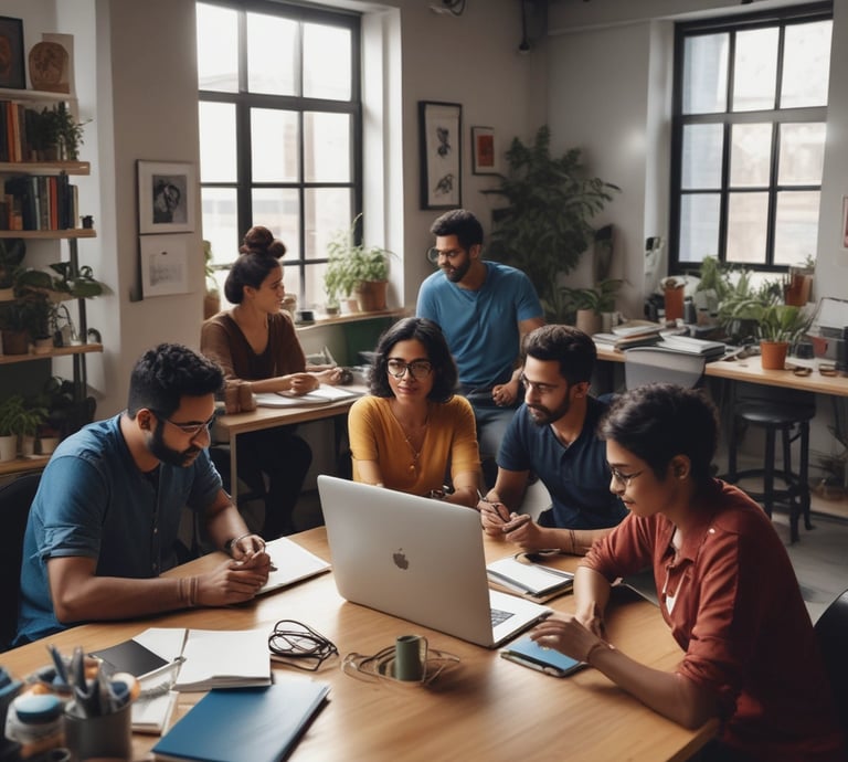 A diverse group of creators collaborating in a modern workspace.