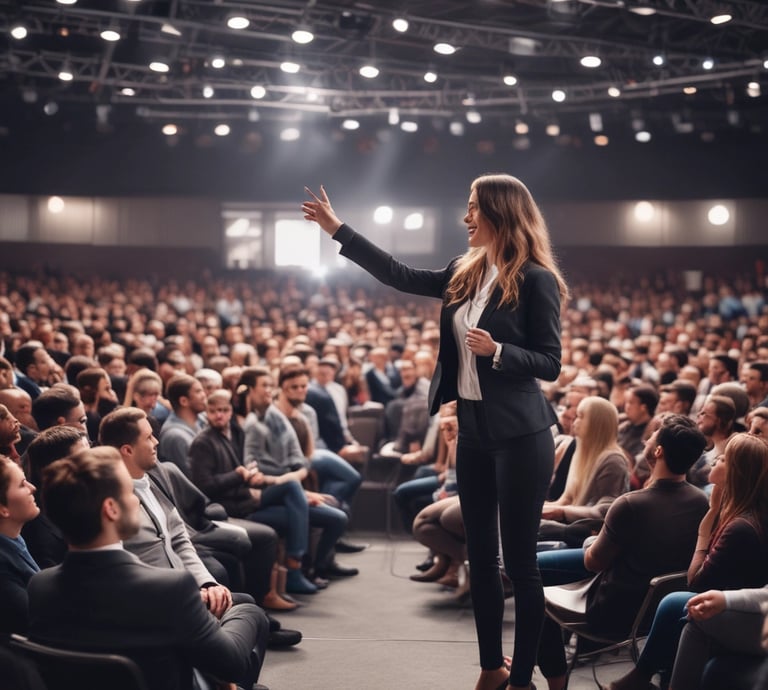 a woman in a suit and tie is standing in front of a crowd of people