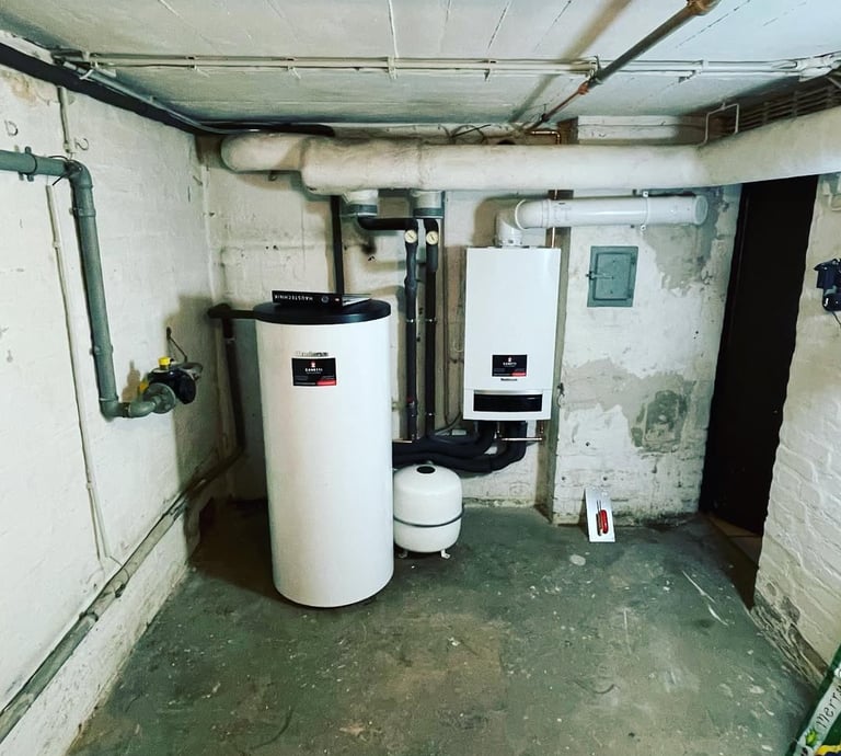 a tankless water heater in a basement