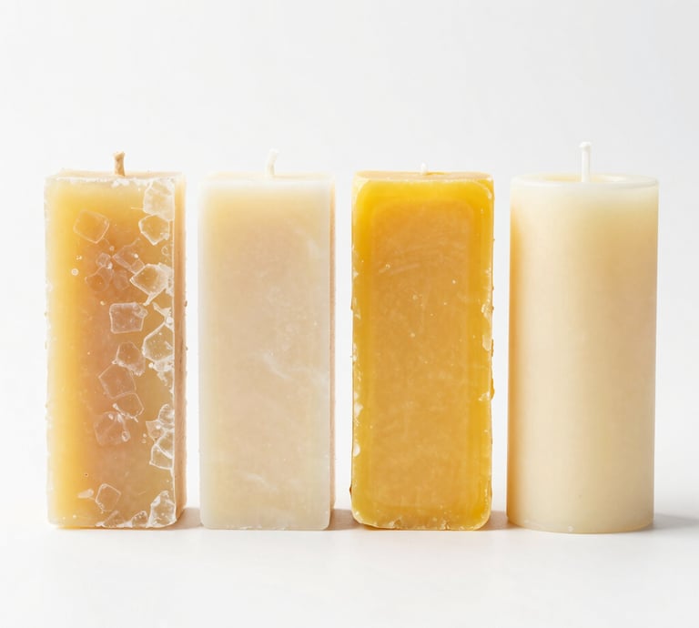 Close-up of colorful candle wax blocks arranged neatly on a wooden table.