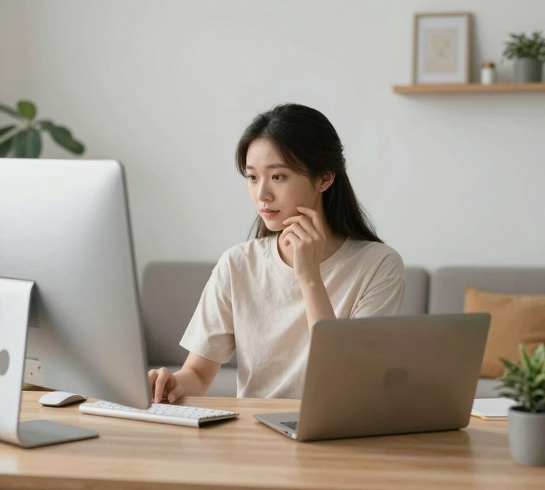 A cozy modern interior design workspace with sketches and fabric samples on a wooden desk.