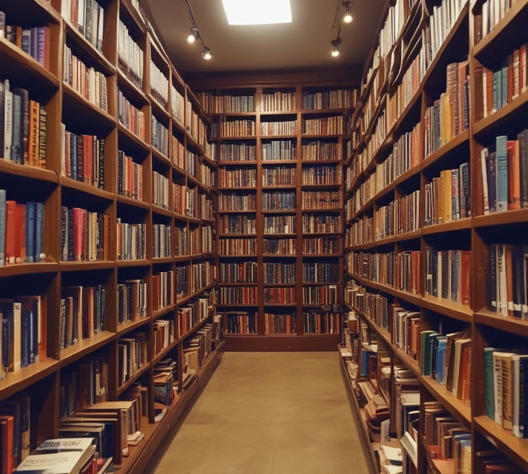 A serene bookshelf filled with ancient spiritual texts.