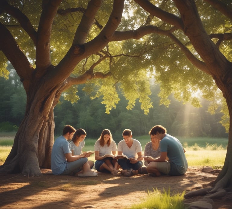 A real serene image of a group reading together in a peaceful setting.