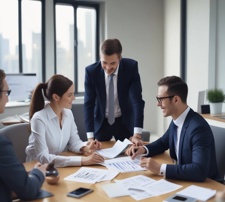 A professional team discussing financial strategies.