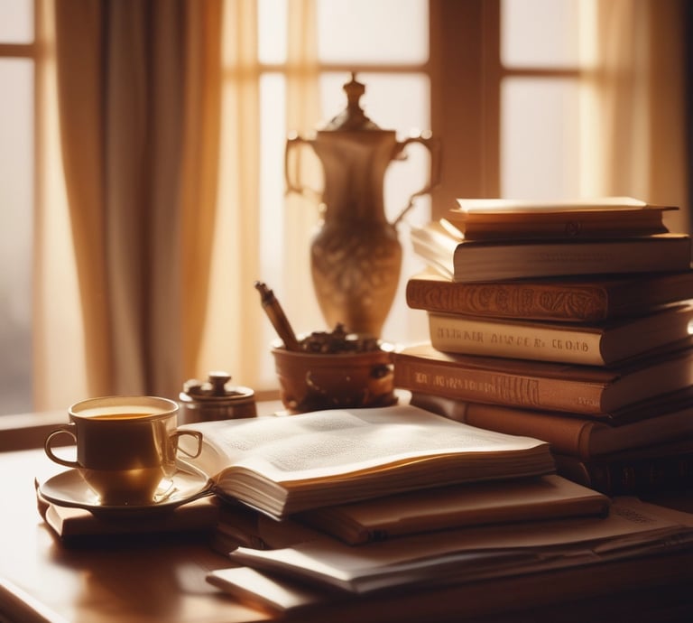 Close-up of stacked books on a wooden table with soft lighting