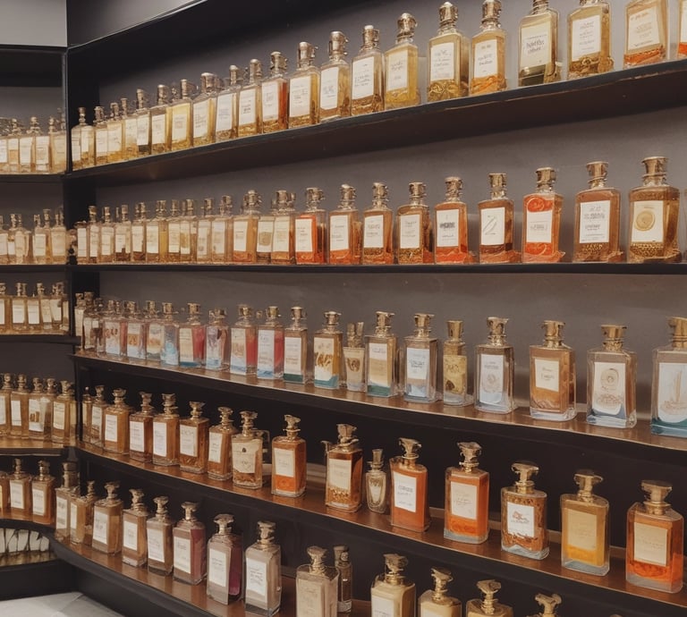 A beautifully arranged display of mami aromas perfume bottles showcasing elegance.
