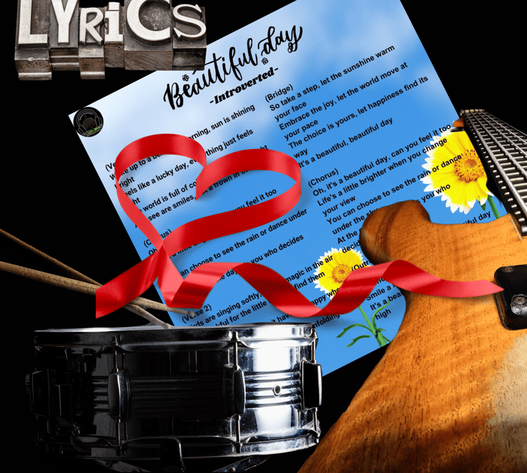 Beautiful Day’ lyric art with clear sky, sunflowers, drums, guitar & heart ribbon.