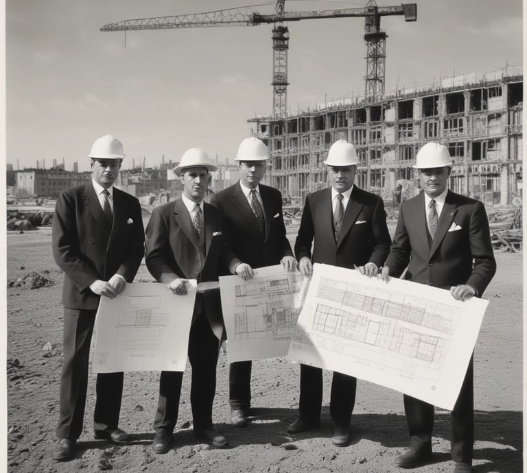 Five men in suits and hats are standing together on a construction site, examining a large blueprint. Behind them, there are two prominent buildings with signs that read '' and 'Farmers'. Construction equipment and materials are visible in the background.