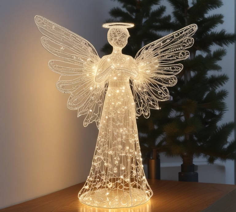 Flat LED angel figure glowing warmly on a dark background