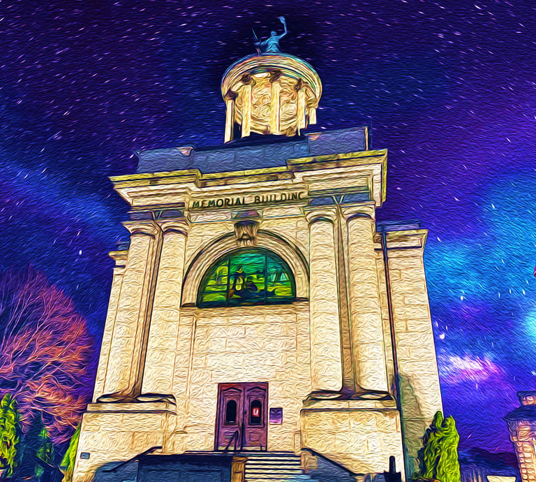 Stylized art of the historic Hamilton, OH building with a stained glass window under a starry night.