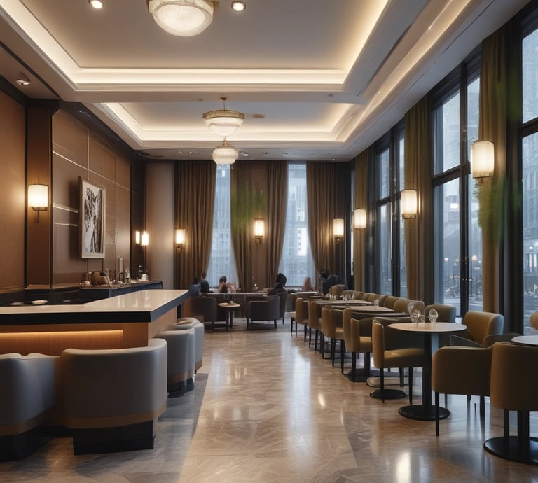 A spacious and modern hotel lobby with high ceilings and several floors visible above. The area is adorned with festive decorations, including Christmas wreaths and garlands. A large, elegant chandelier hangs prominently in the center. Comfortable seating with tan leather couches and cushions are arranged around a small coffee table.
