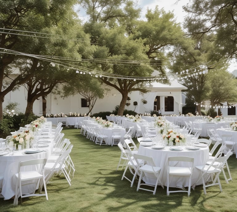 An outdoor event space is decorated with draped white fabric, tables, and chairs under a canopy. Green lighting illuminates the surrounding greenery, creating a vibrant atmosphere. Several people are visible in the background, suggesting a social gathering.