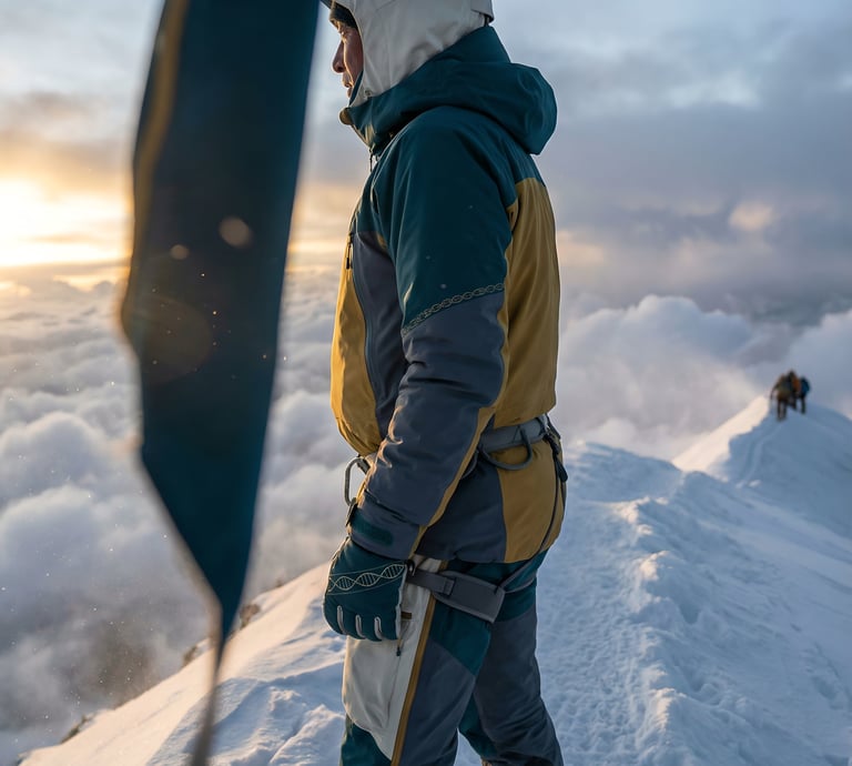 Mountain guide watching weather signs as summit team follows him.