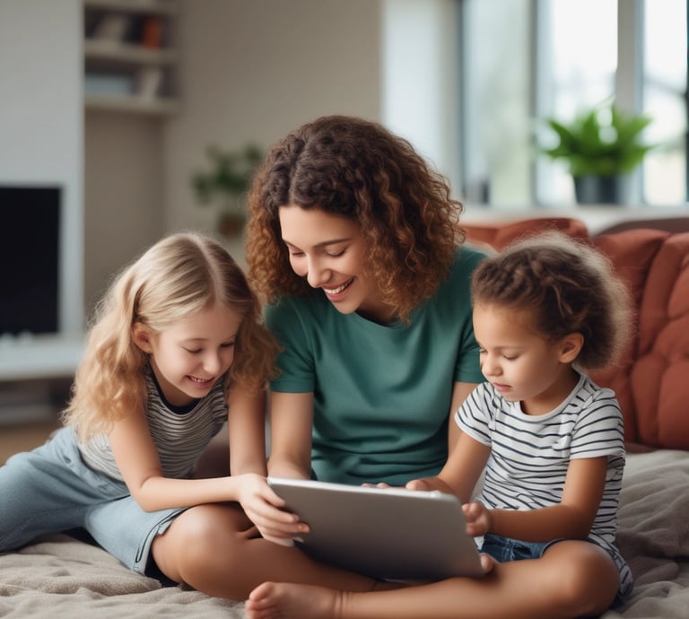 A mother reading a book with her child in a cozy living room.