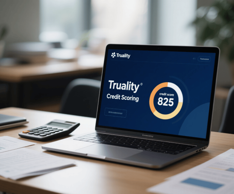 the words truality credit repair on a laptop sitting on a desk with a calculator 