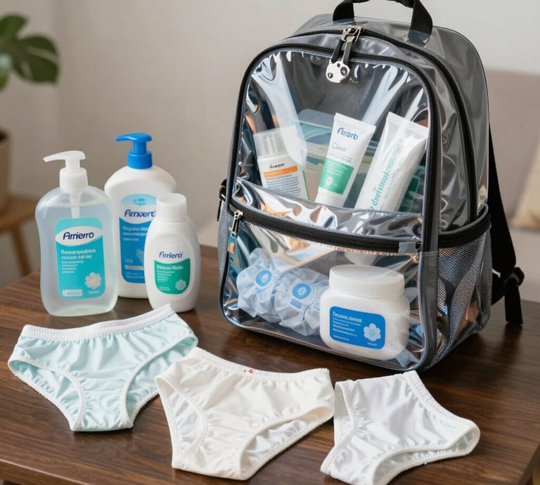 Three reusable sanitary pads in different colors are laid out on a pastel purple background. The colors include black, coral pink, and teal, each with black borders. A box with the branding 'inciclo' is placed beside the pads, featuring a design with teal shapes and floral elements.