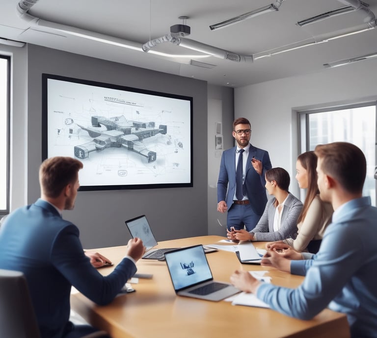 A diverse team collaborating over laptops in a bright, modern office space.