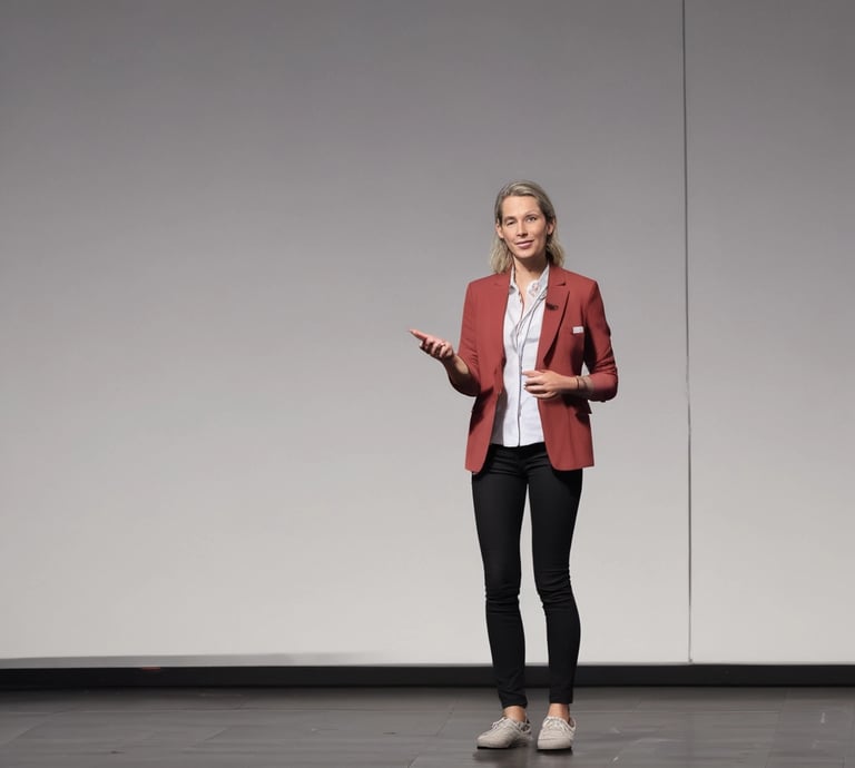A large outdoor event setup with a grassy archway entrance leads to a stage area. Rows of red and blue chairs are arranged neatly in front of the stage. The surrounding area includes green hills and a clear blue sky. Welcome banners featuring photographs are placed at the entrance, and colorful tents are seen on the sides.