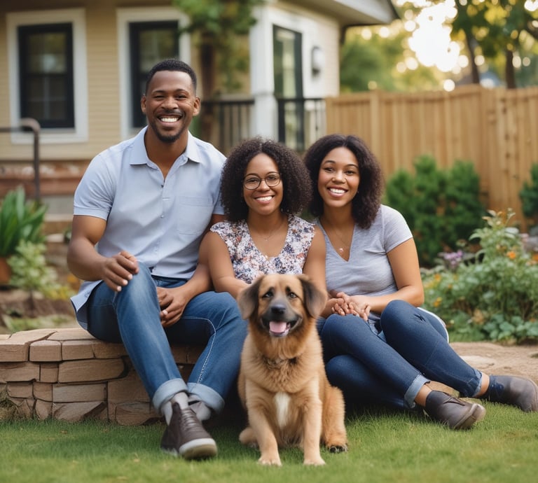 A happy dog playing on a clean, green lawn with a person enjoying a picnic nearby.