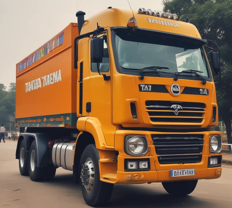 Two yellow moving trucks are parked on a dirt road next to a building. The trucks are labeled with 'Agarwal Packers & Movers,' indicating they are used for transporting goods. The background includes a simple building with minimal decoration and some greenery.
