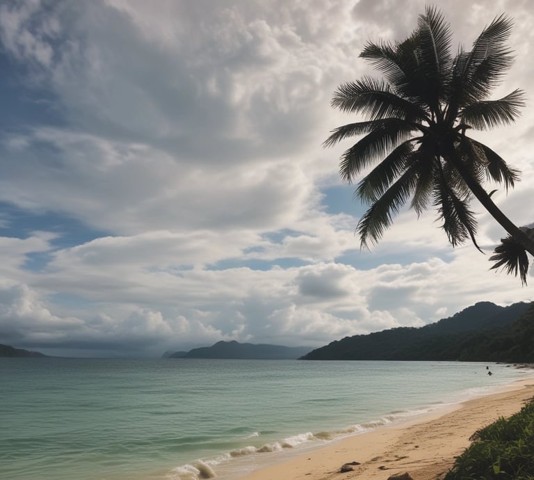 Peaceful forest pathway near a tropical beach at sunrise