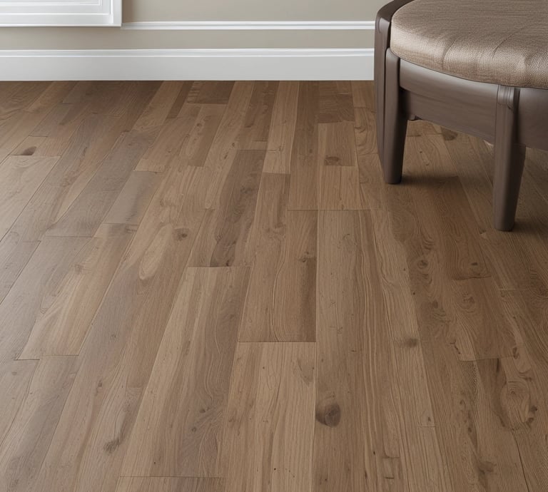 A showroom displaying various wooden flooring samples mounted on walls. A person is observing the samples on the right side, wearing casual attire. The samples are labeled with prices and descriptions. The room is well-lit with a modern design and uses neutral tones.