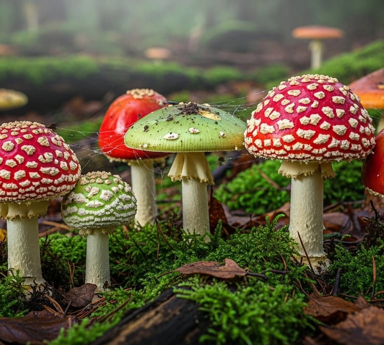 a group of mushrooms and toad toads on a mossel