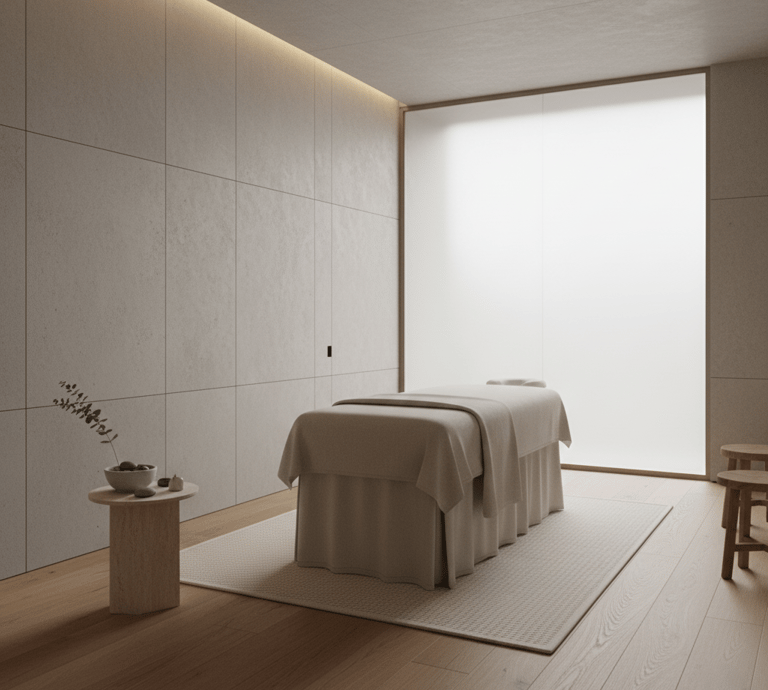 A serene and empty quiet luxury spa room with natural materials and soft, indirect lighting.