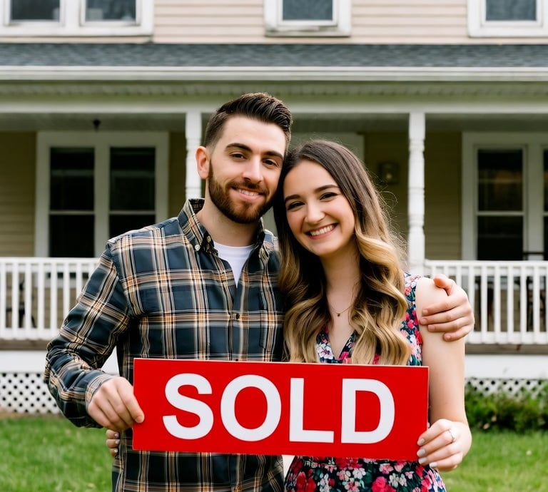 a man and woman standing in front of a sold sign after selling home for cash to SellingPoint Homes!